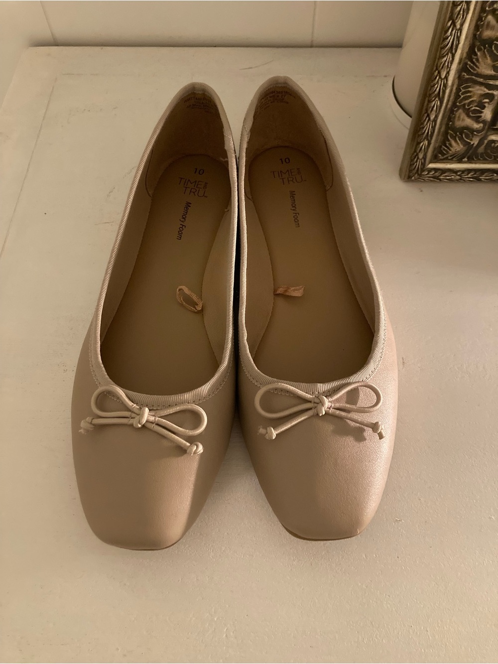Time and Tru Neutral Beige Square-Toe Ballet Flats with Bow